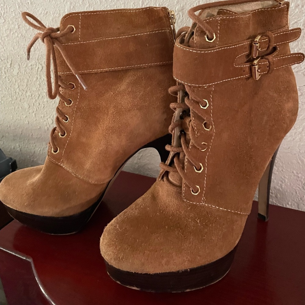 Michael Kors Camel Suede Lace-Up Platform Ankle Booties with Buckles